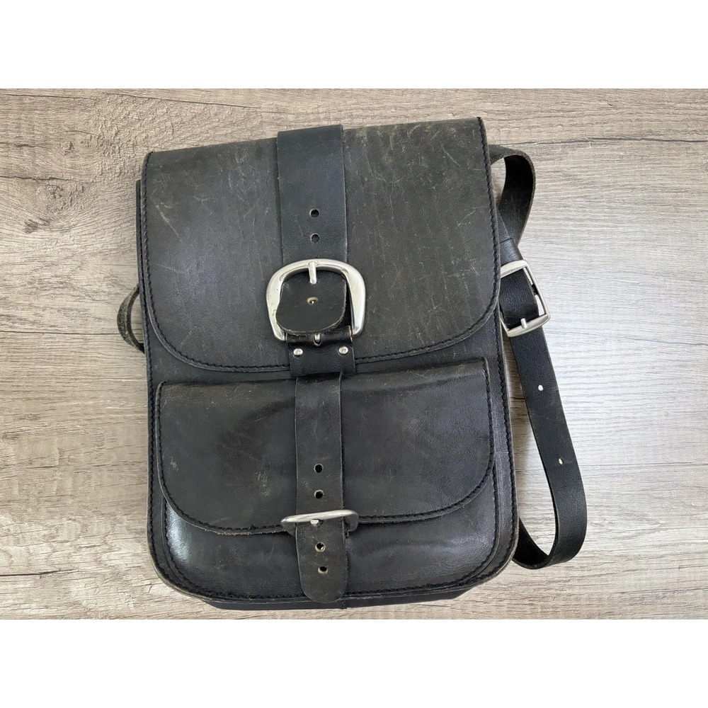 Vintage Black Leather‎ Satchel Bag Shoulder Bag 2 Pockets Medium